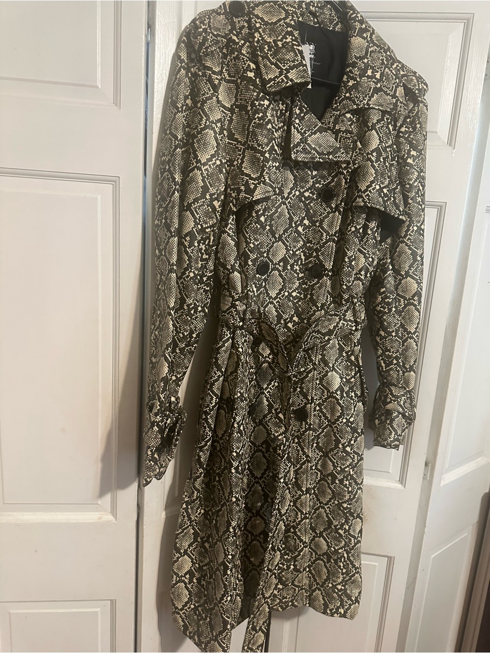 New York & Company Snake-Print Trench Coat - Black & Cream faux leather